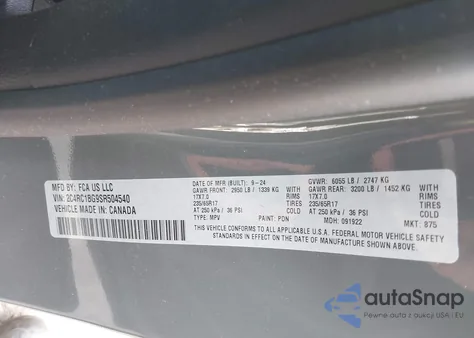 2025 Chrysler Pacifica Select z USA, uszkodzony, nr VIN 2C4RC1BG9SR504540